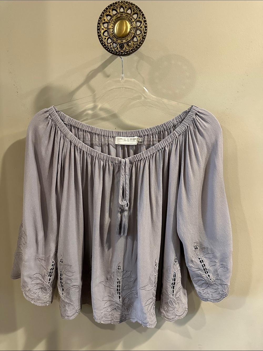 Astr light grey Off-Shoulder Embroidered Peasant Blouse
